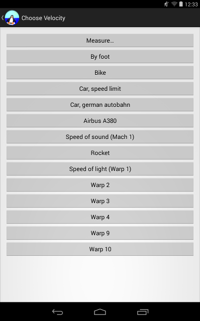 Screenshot of the choose velocity activity